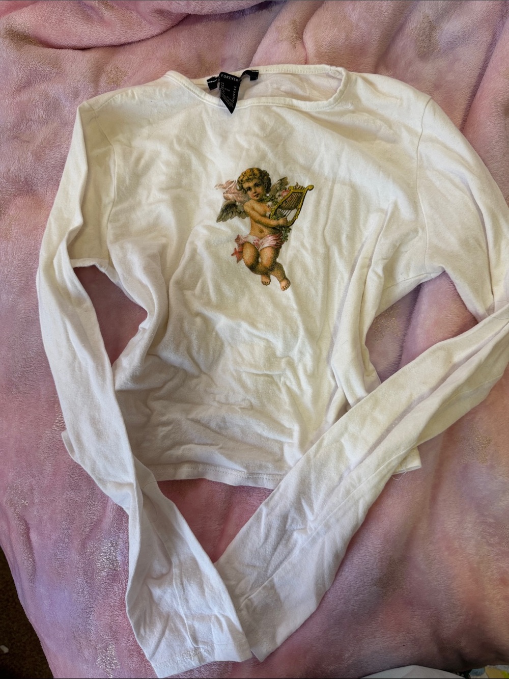 White Long-Sleeve Top with Cherub Graphic